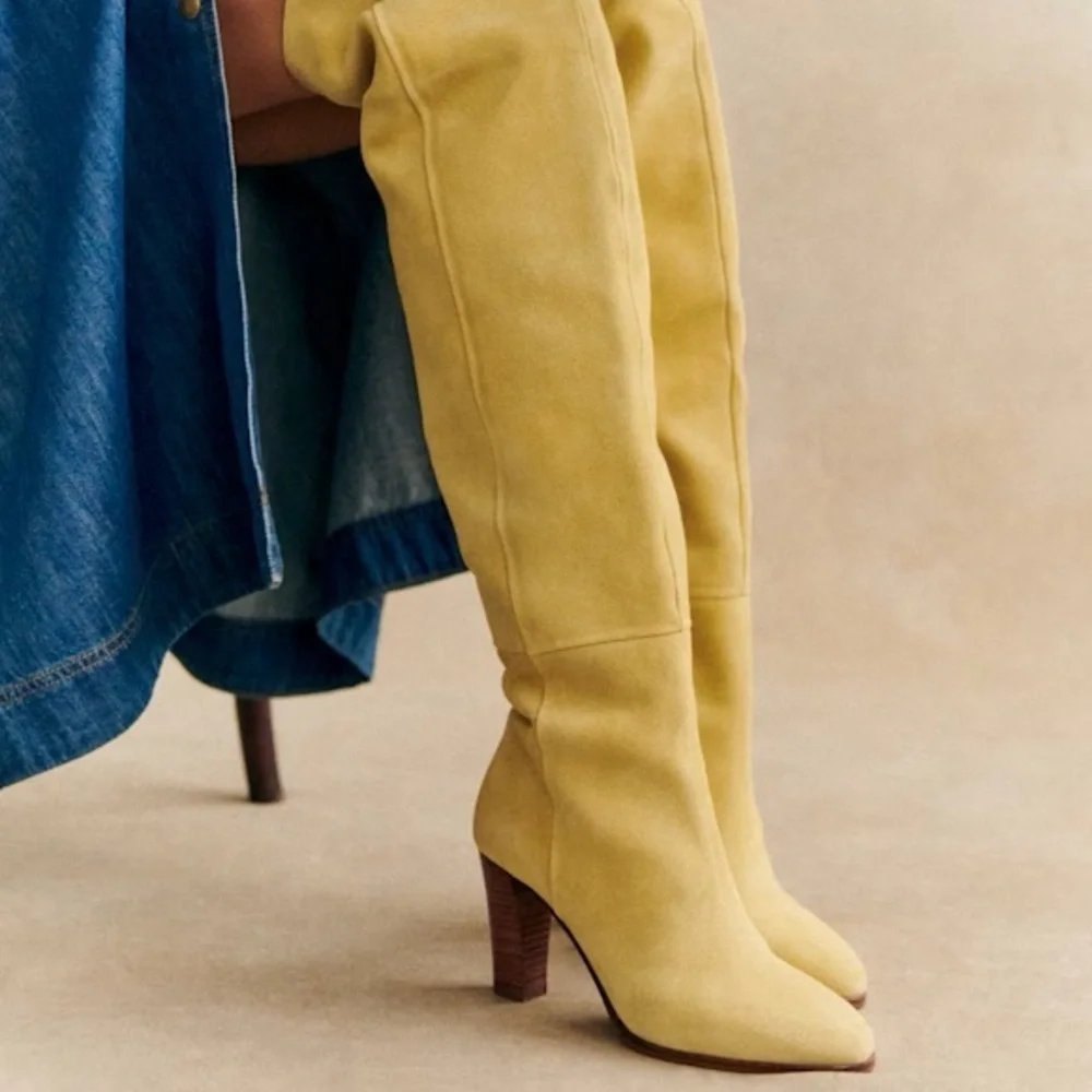 Sezane Anaelle Thigh High Suede Leather Over The Knee Pointy Boots Lemon Yellow